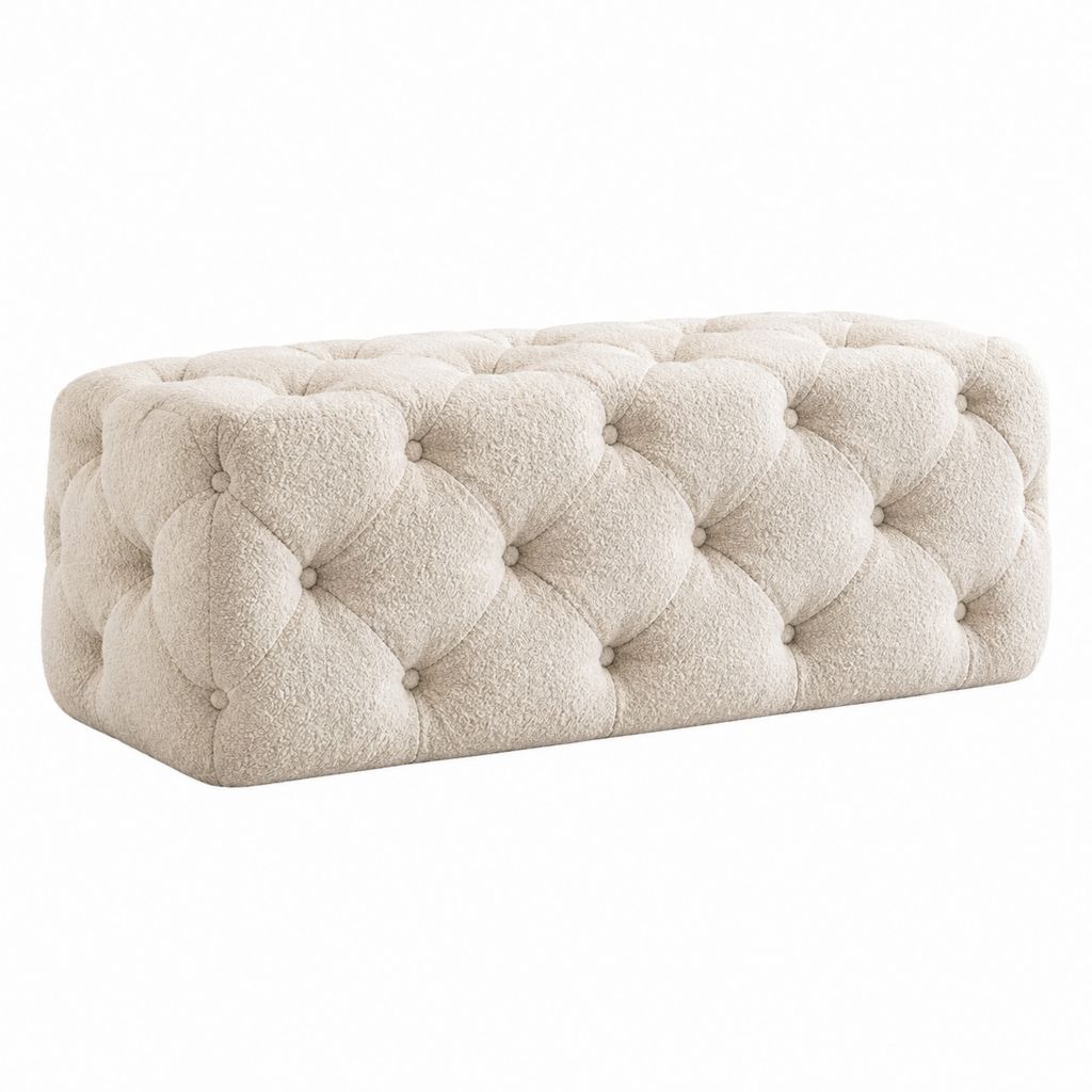 Repose-pieds rectangulaire capitonné beige en polyester bouclette 120 x 60 x 45 cm