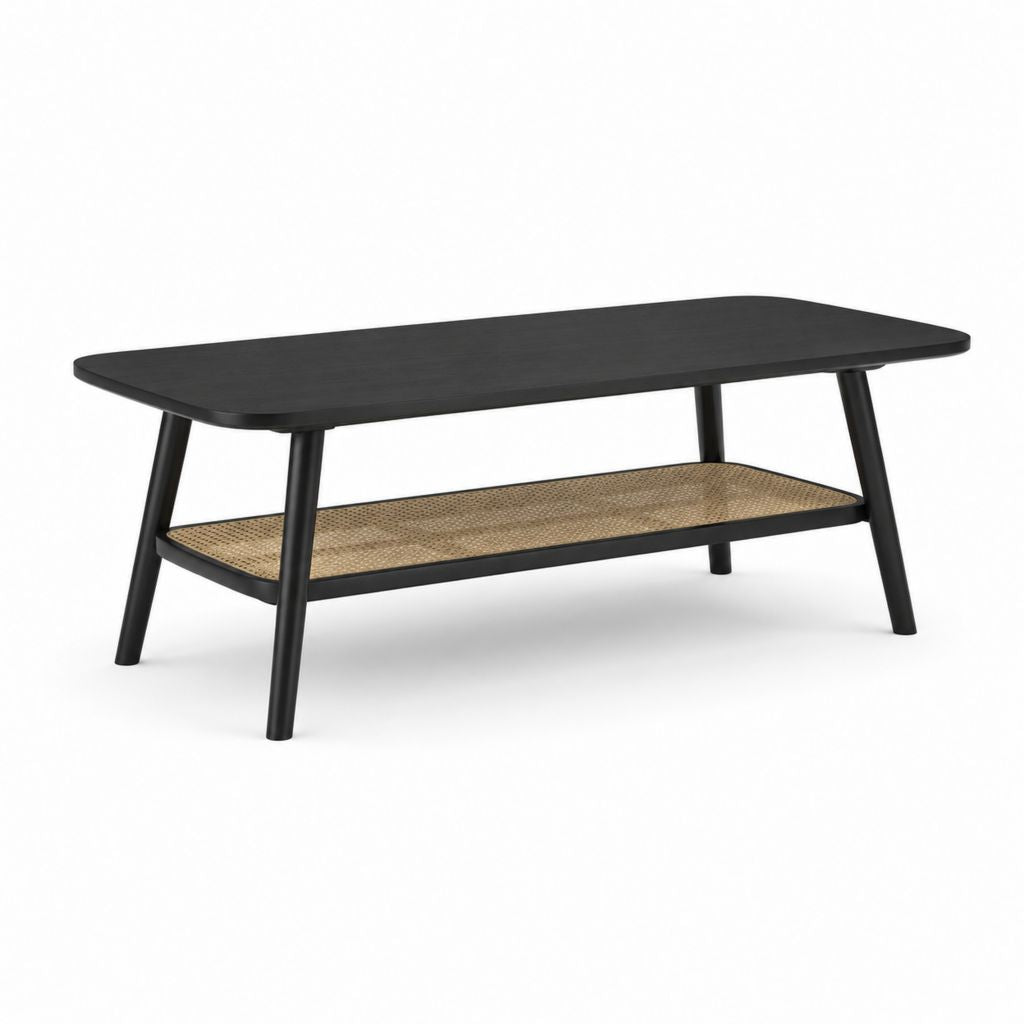 Table basse rectangulaire noire en MDF et acier avec étagère en rotin synthétique 100 x 50 x 45 cm