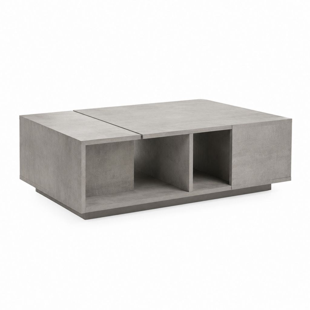 Table basse carrée gris béton en panneaux de particules 100 x 100 x 36 cm avec rangements ouverts