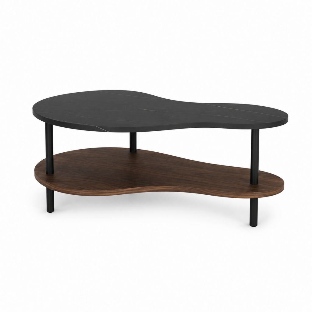 Table basse à 2 niveaux noir et noyer en MDF et acier forme organique 120 x 60 x 45 cm