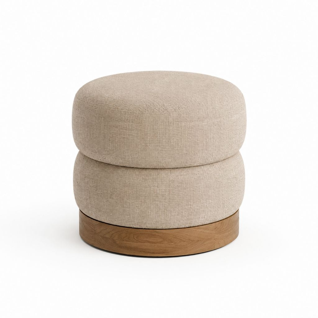 Pouf repose-pieds rond beige en polyester avec base aspect chêne 50 x 53 cm