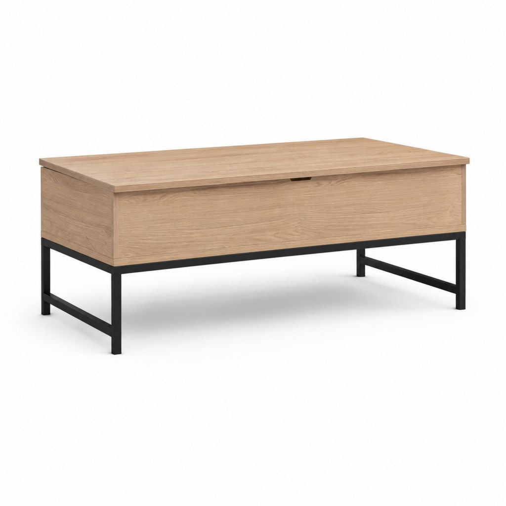 Table basse avec tiroir rectangulaire chêne clair et acier noir 100 x 60 x 45 cm