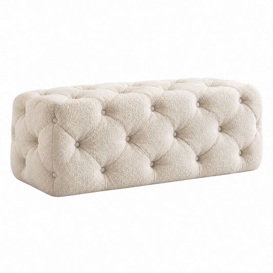 Repose-pieds rectangulaire capitonné beige en polyester bouclette 120 x 60 x 45 cm