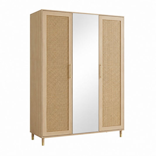 Armoire penderie 3 portes rectangulaire décor chêne et rotin avec miroir 120 x 50 x 180 cm