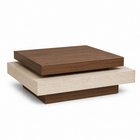 Table basse carrée noyer et travertin beige 100 x 100 x 35 cm