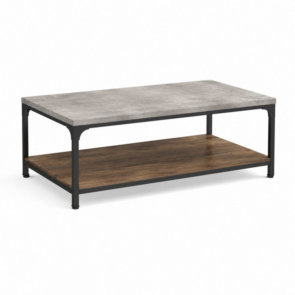 Table basse rectangulaire gris béton et brun noyer en panneaux de particules mélaminés et acier 100 x 60 x 45 cm