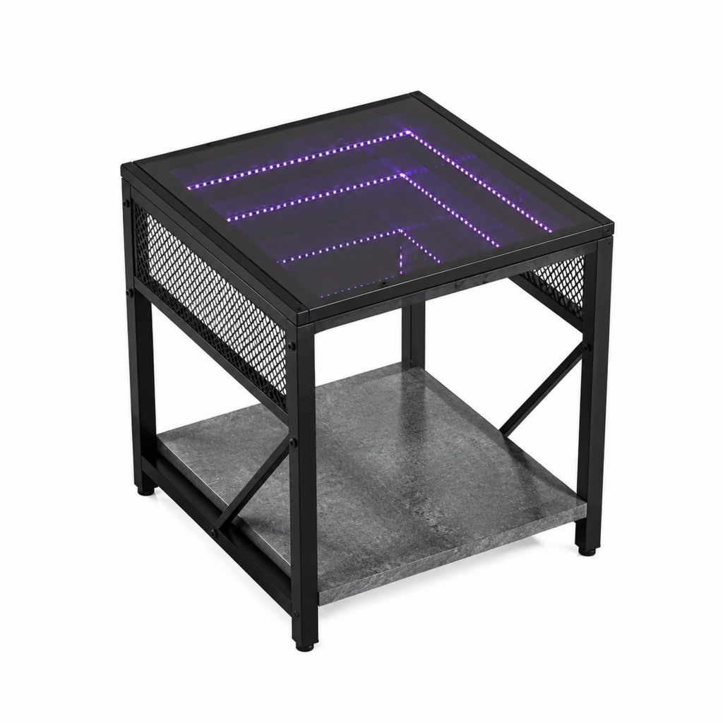 Table de chevet avec éclairage LED violet acier noir verre trempé carré 45 x 45 x 55 cm