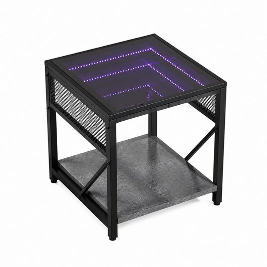 Table de chevet avec éclairage LED violet acier noir verre trempé carré 45 x 45 x 55 cm