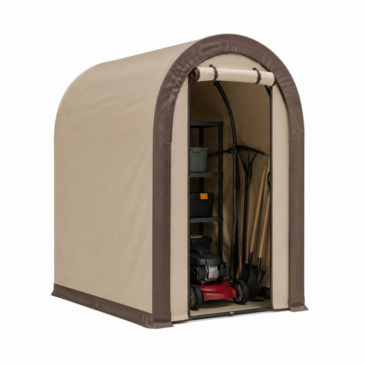 Abri de rangement jardin beige et marron en polyéthylène avec structure acier 180 x 180 x 200 cm