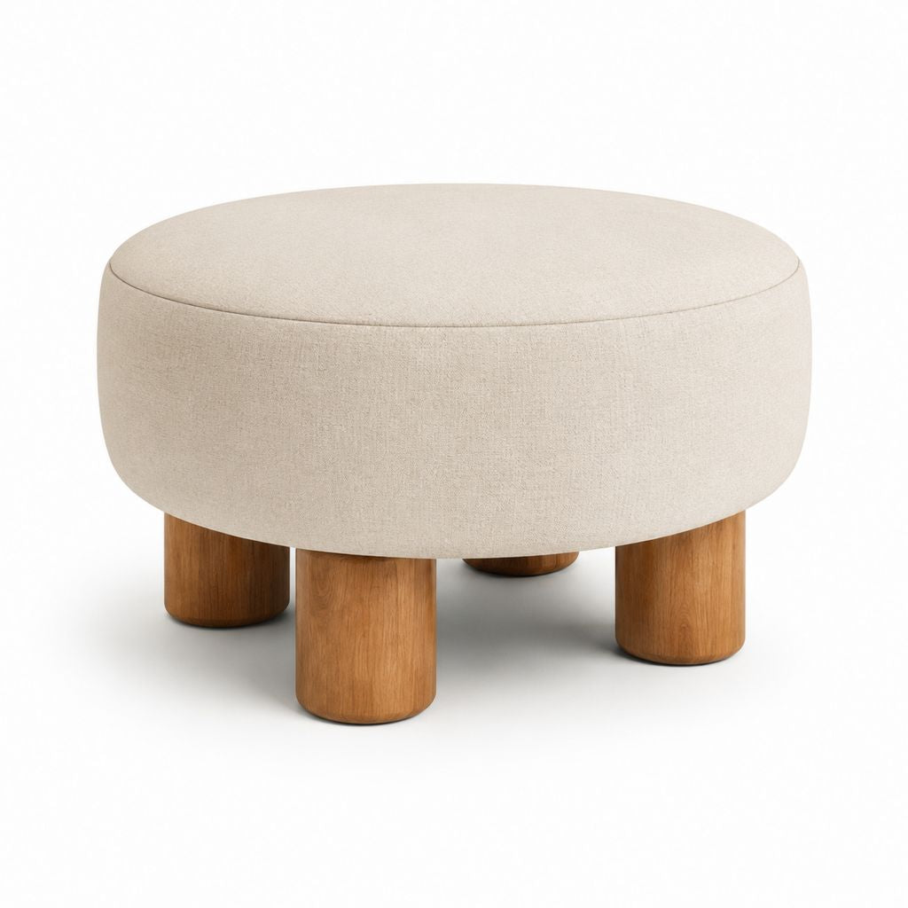 Repose-pieds rond beige en polyester avec pieds en hévéa massif 80 x 80 x 42 cm