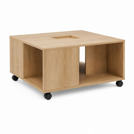 Table basse carrée à roulettes chêne en panneaux MDF 80 x 80 x 45 cm