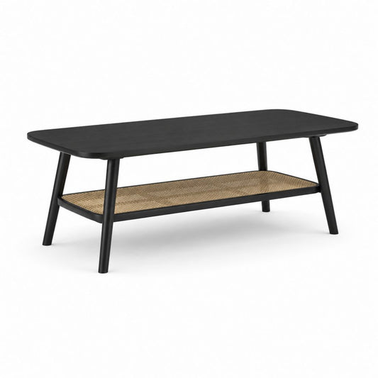 Table basse rectangulaire noire en MDF et acier avec étagère en rotin synthétique 100 x 50 x 45 cm