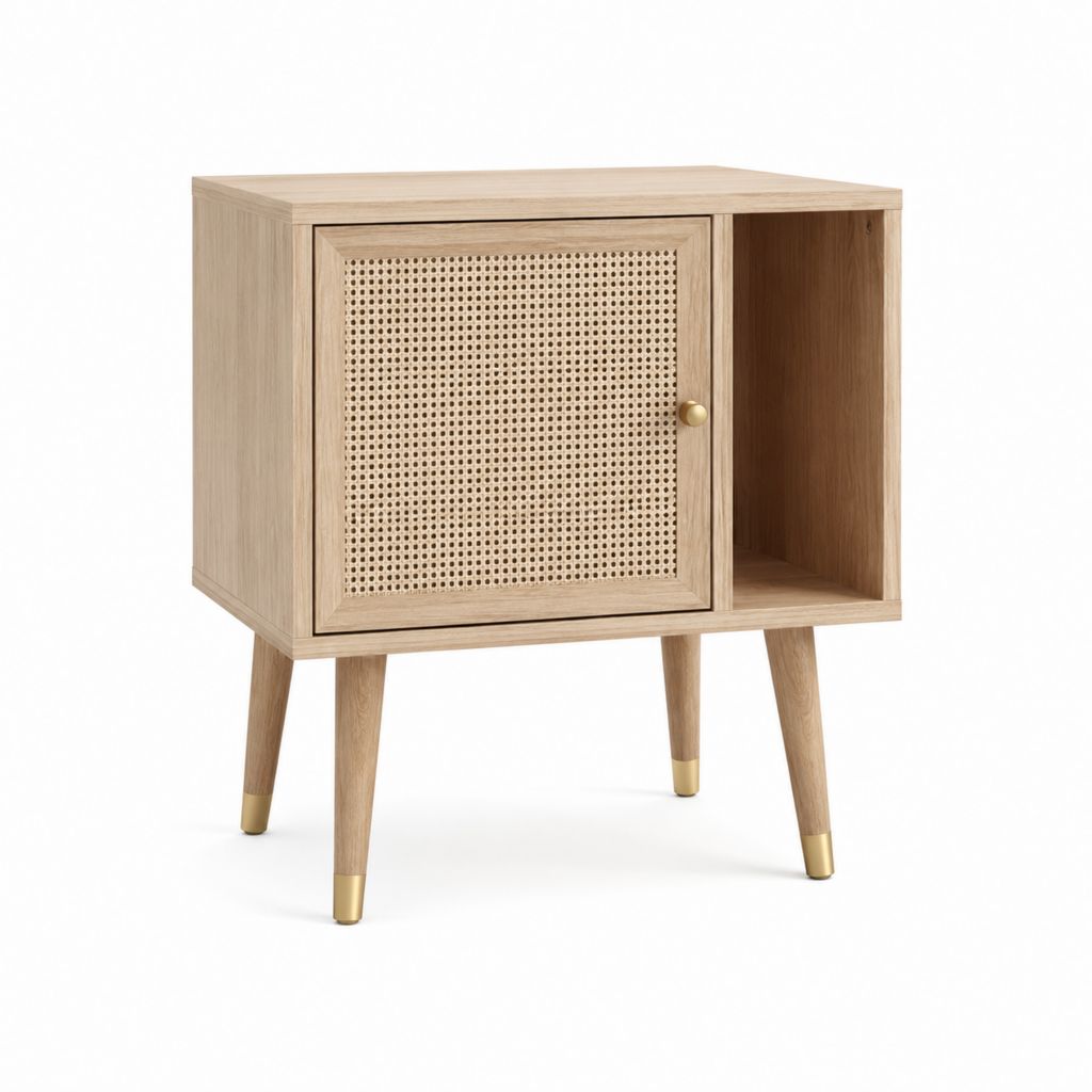 Table de chevet avec porte en cannage beige et placage chêne 60 x 40 x 70 cm