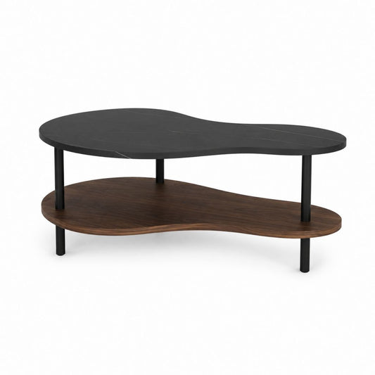 Table basse à 2 niveaux noir et noyer en MDF et acier forme organique 120 x 60 x 45 cm