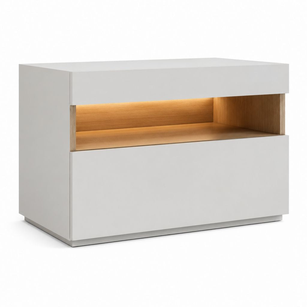 Table de chevet blanche et chêne en MDF rectangulaire avec tiroir éclairage LED 50 x 40 x 50 cm